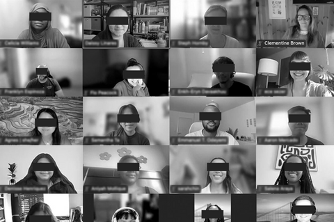 Grid of multiple video call screens with people in a virtual meeting